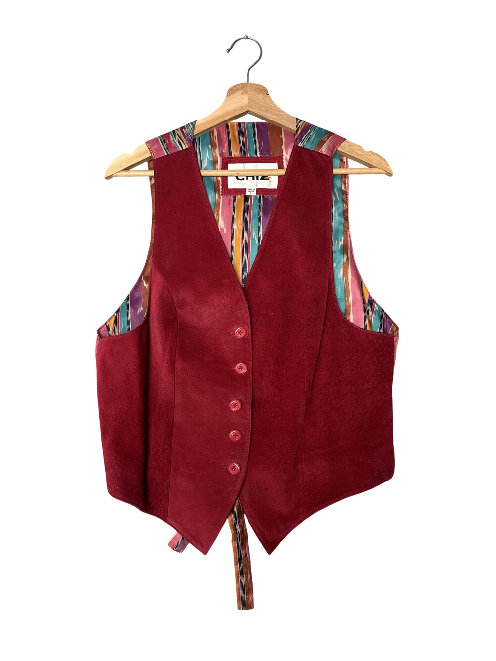 Vintage 90s Chia Leather Vest Womens L Red Suede Lined Button Front Waist Tie